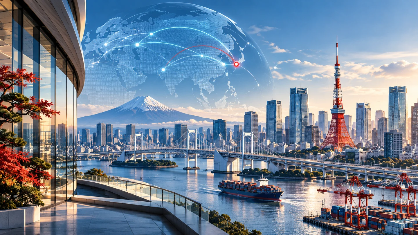 Künstlerisch illustrierte Skyline von Tokio mit abstrahierten Verbindungen als Symbol für internationalen Austausch
